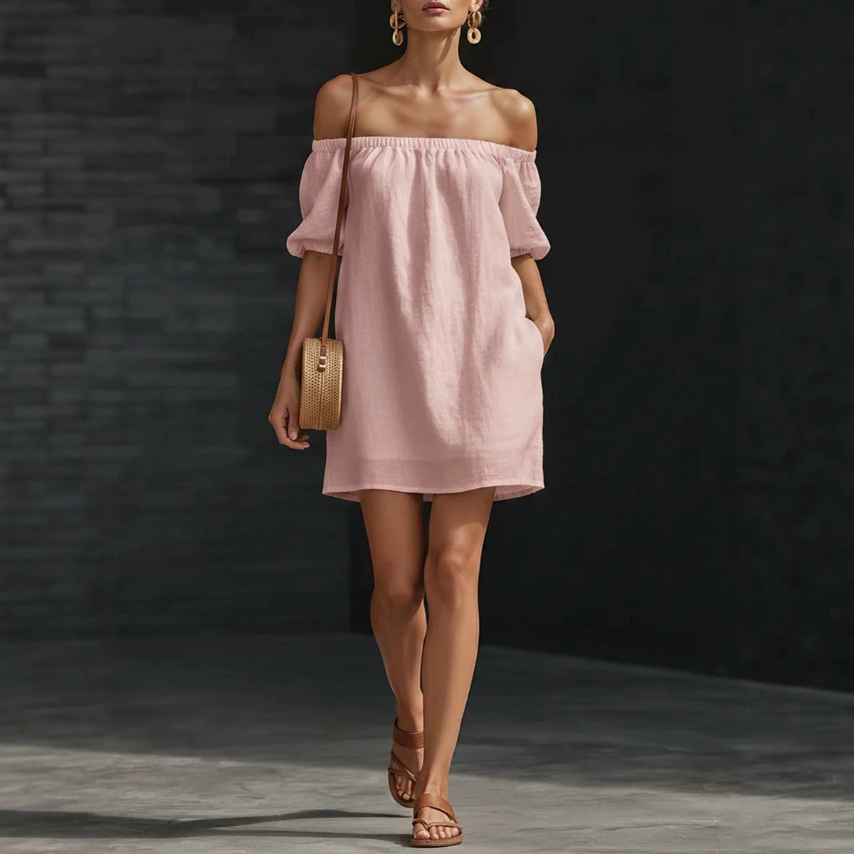 Women's Off-Shoulder One-Line Neck Solid Color Loose Dress