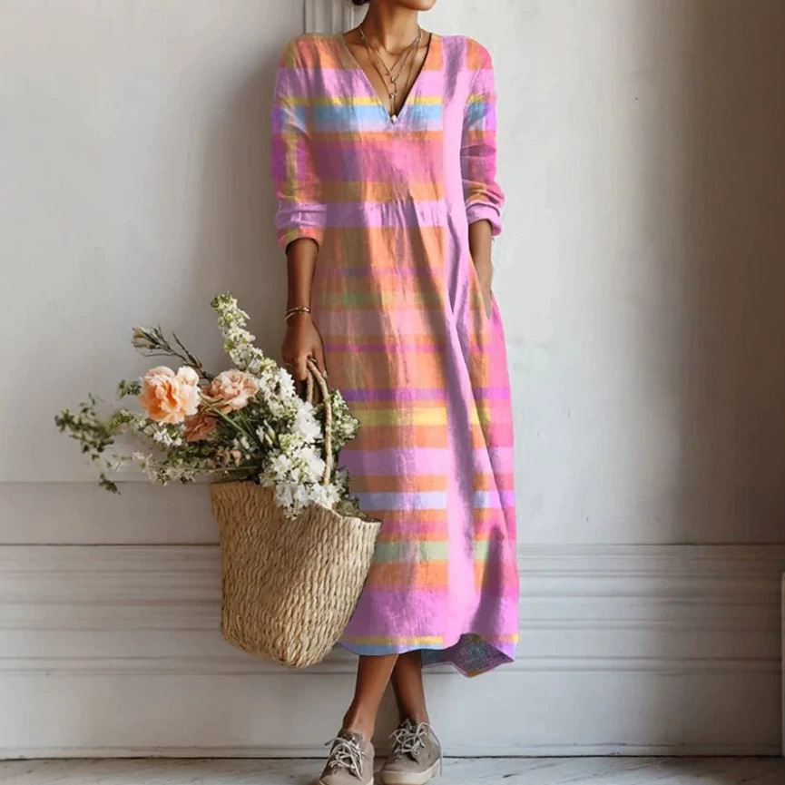 Geometric Print Linen-Blend Long Sleeve V-Neck Midi Dress