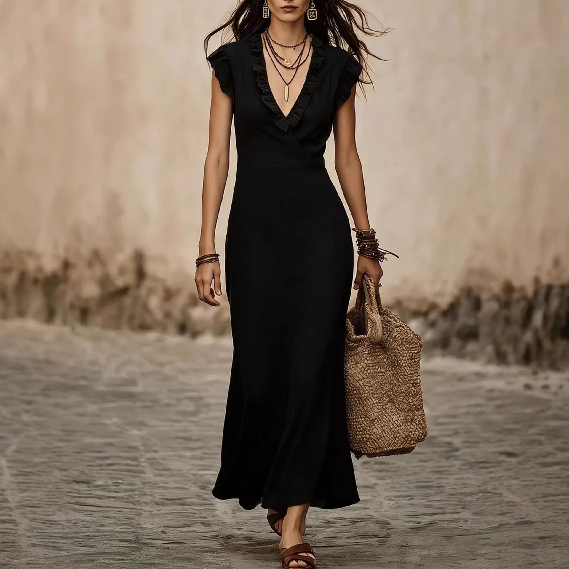 Women's French V-Neck Cotton-Linen Flutter Sleeve Ruffle Midi Dress