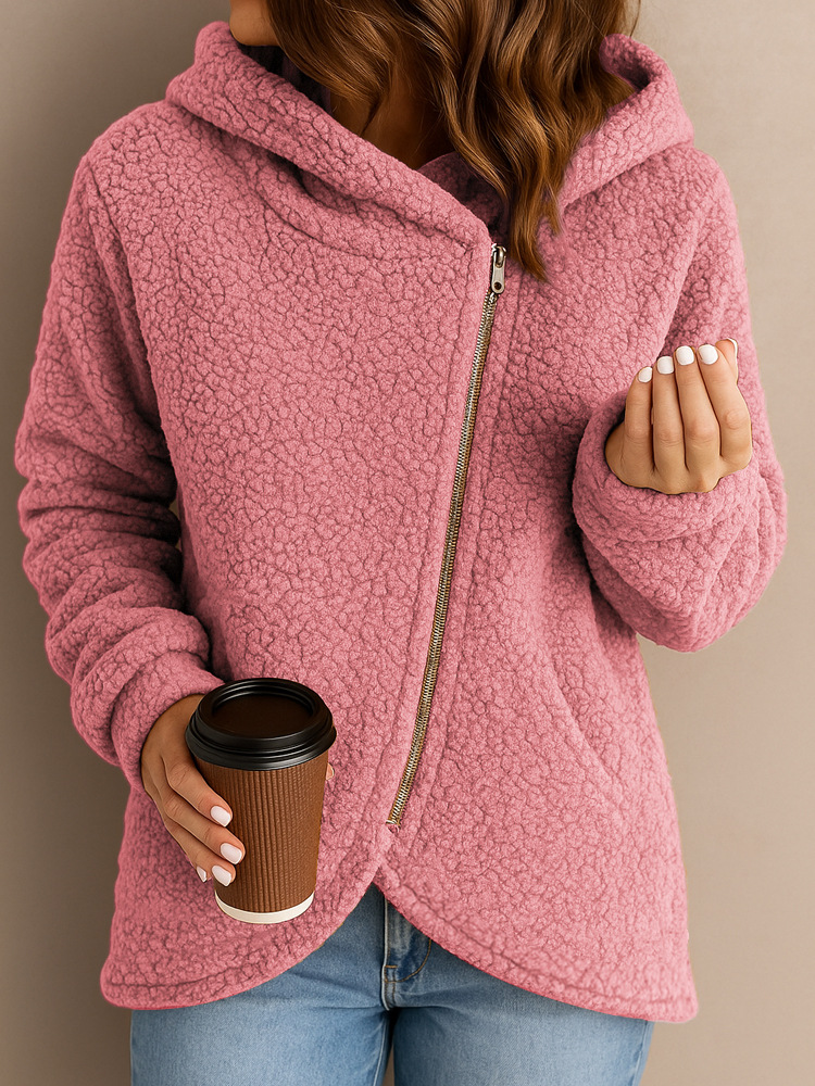 Women's Casual Loose Faux Shearling Zip Hoodie Jacket