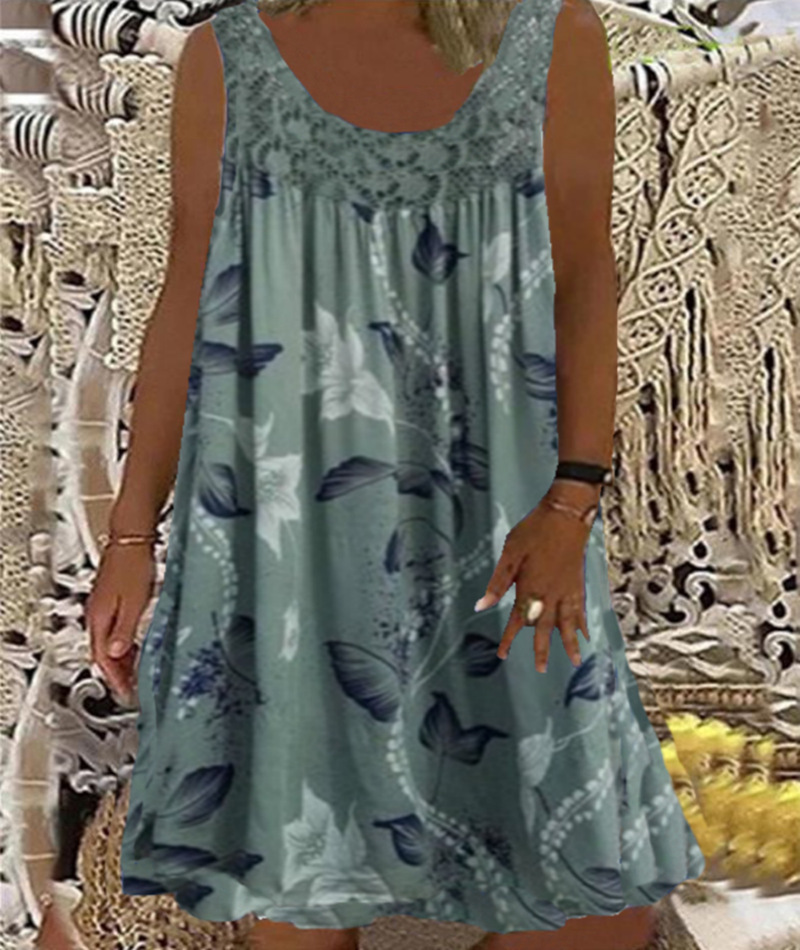 Women's Vintage Floral Butterfly Midi Dress Sleeveless Round Neck Slim Fit