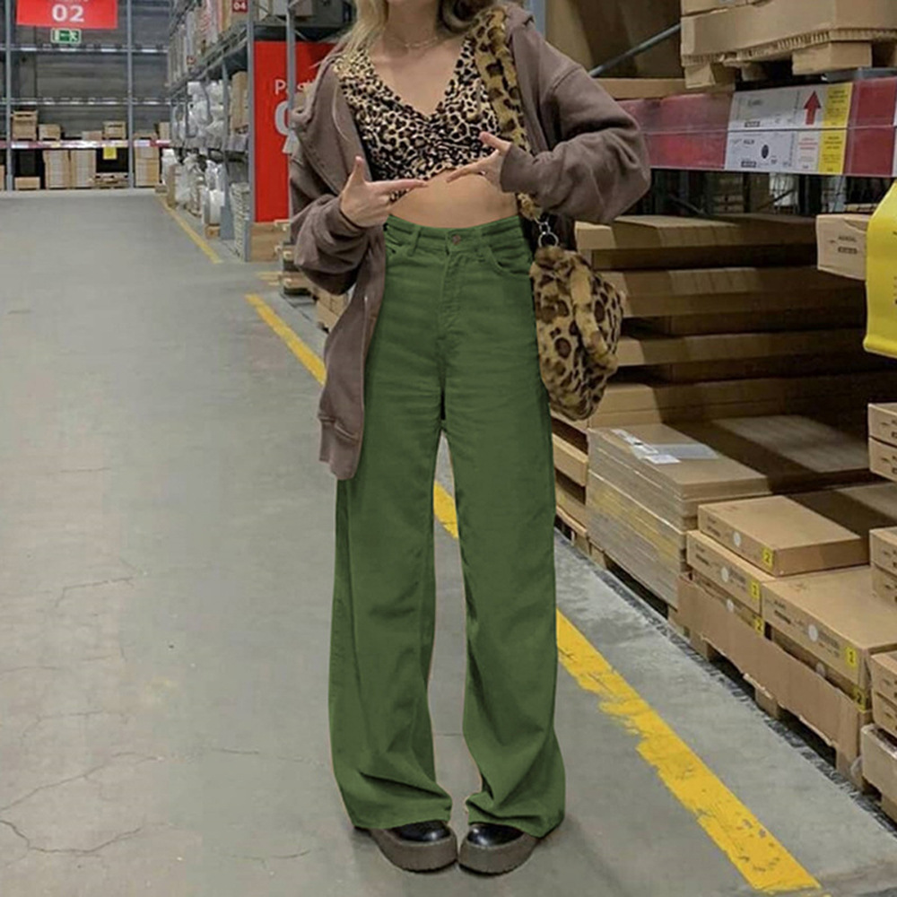 Women's Corduroy High-Waist Straight-Leg Pants Solid Color Slimming Casual Trousers