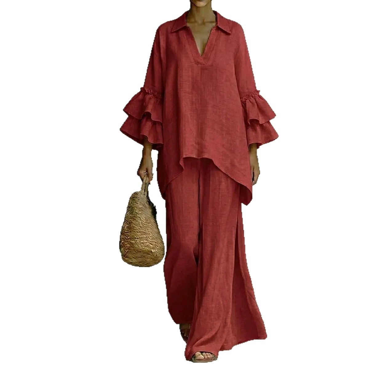 Women's Casual Solid Color Shirt Collar Loose Two-Piece Set