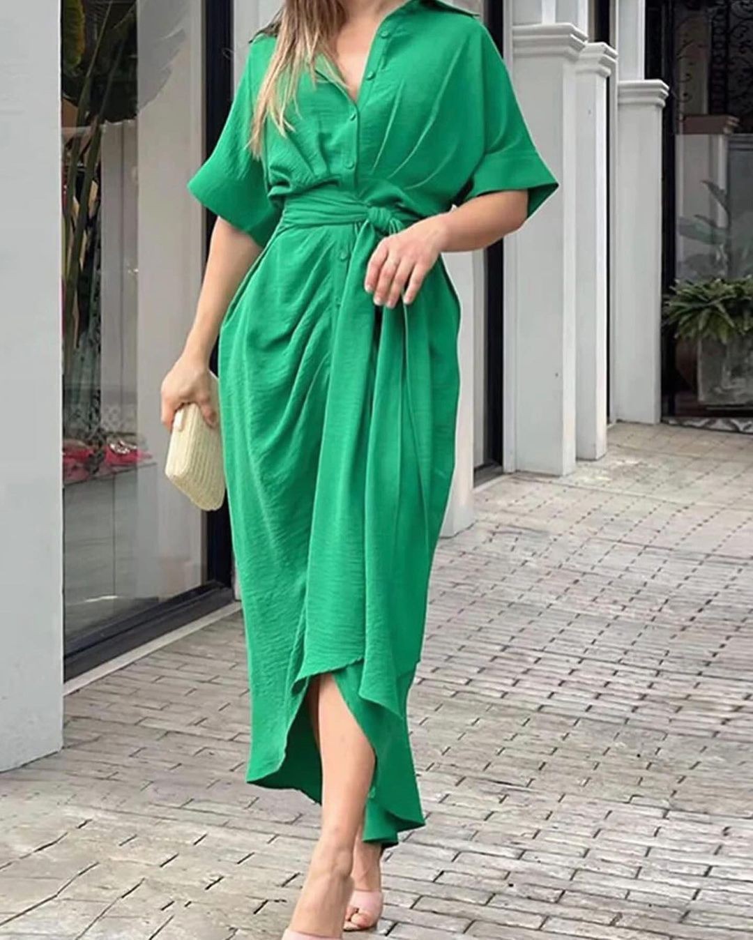 Floral Print Collared Short Sleeve High Waist Long Shirt Dress