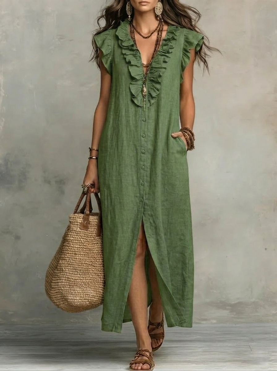 Boho Ruffle V-Neck Button-Front Maxi Dress with Pockets