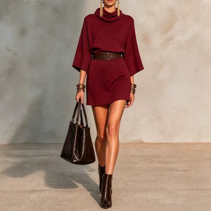 Women's Cowl Neck Loose Drop Shoulder Solid Midi Dress with Three-Quarter Sleeves