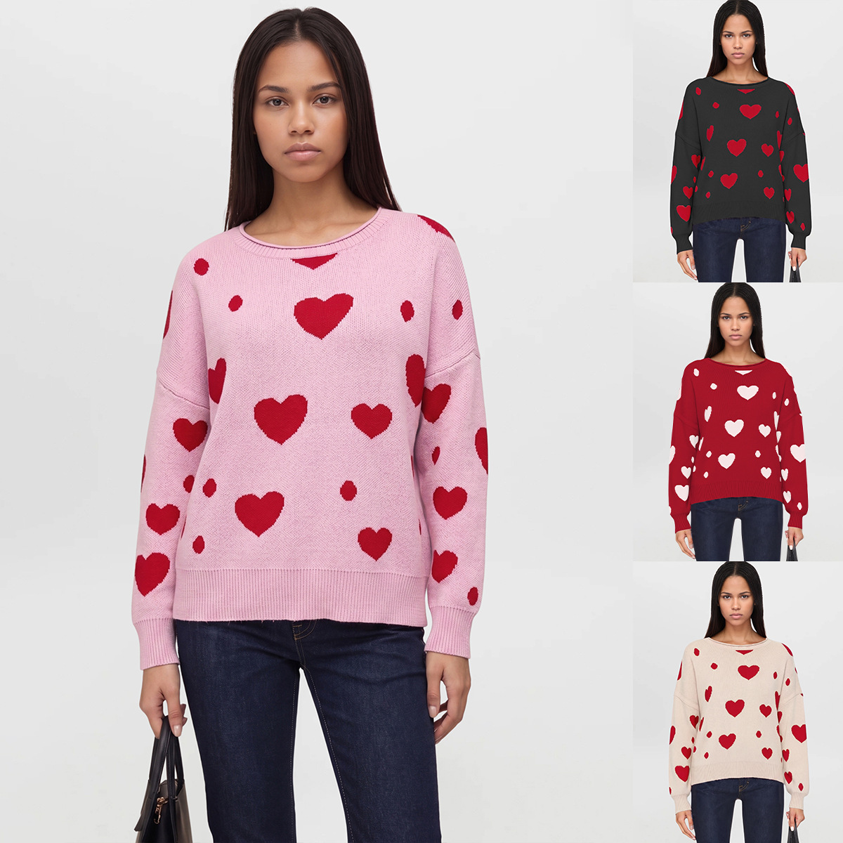 Polka Dot Heart Crewneck Pullover Sweater