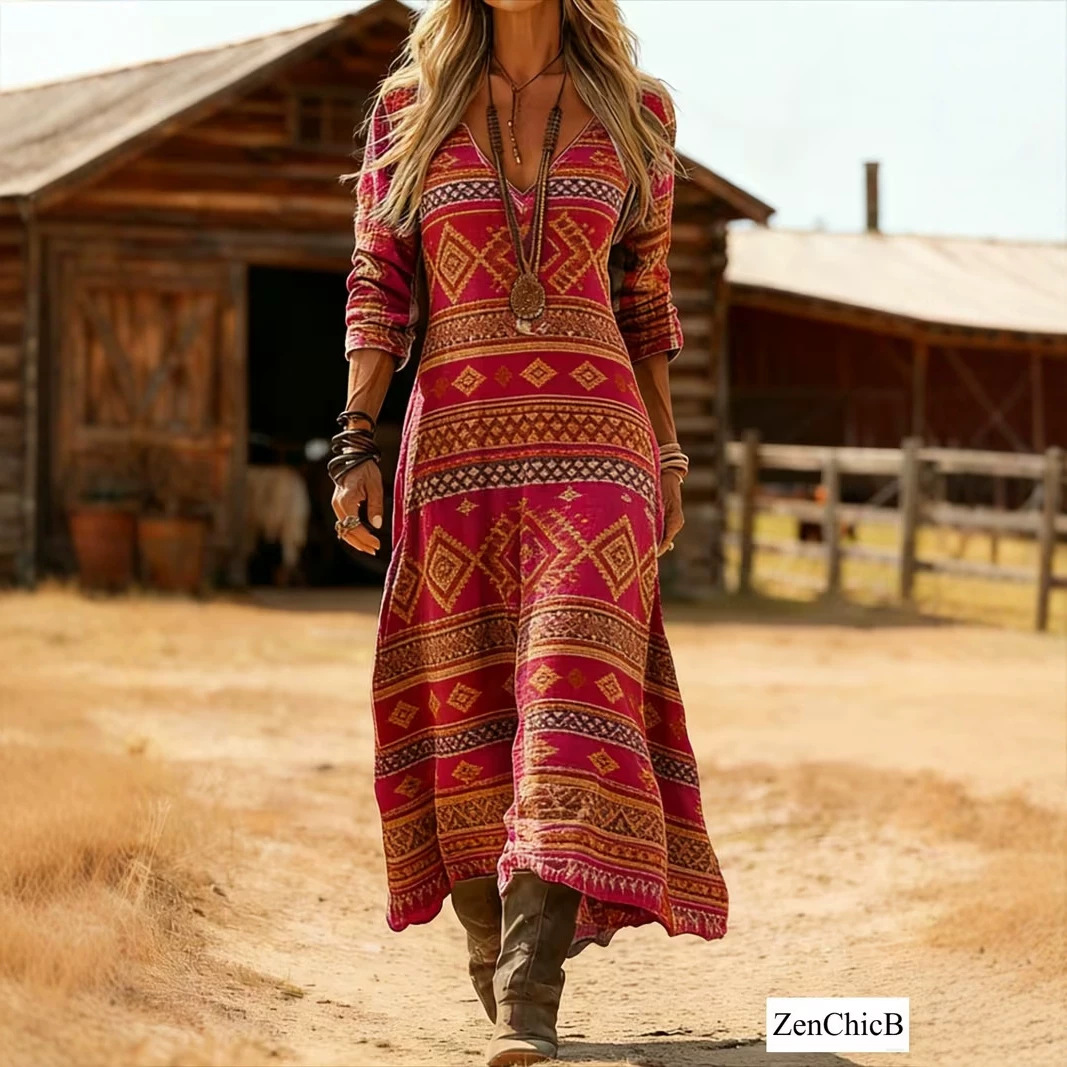Women's Vintage Tribal Print Pleated Midi Dress