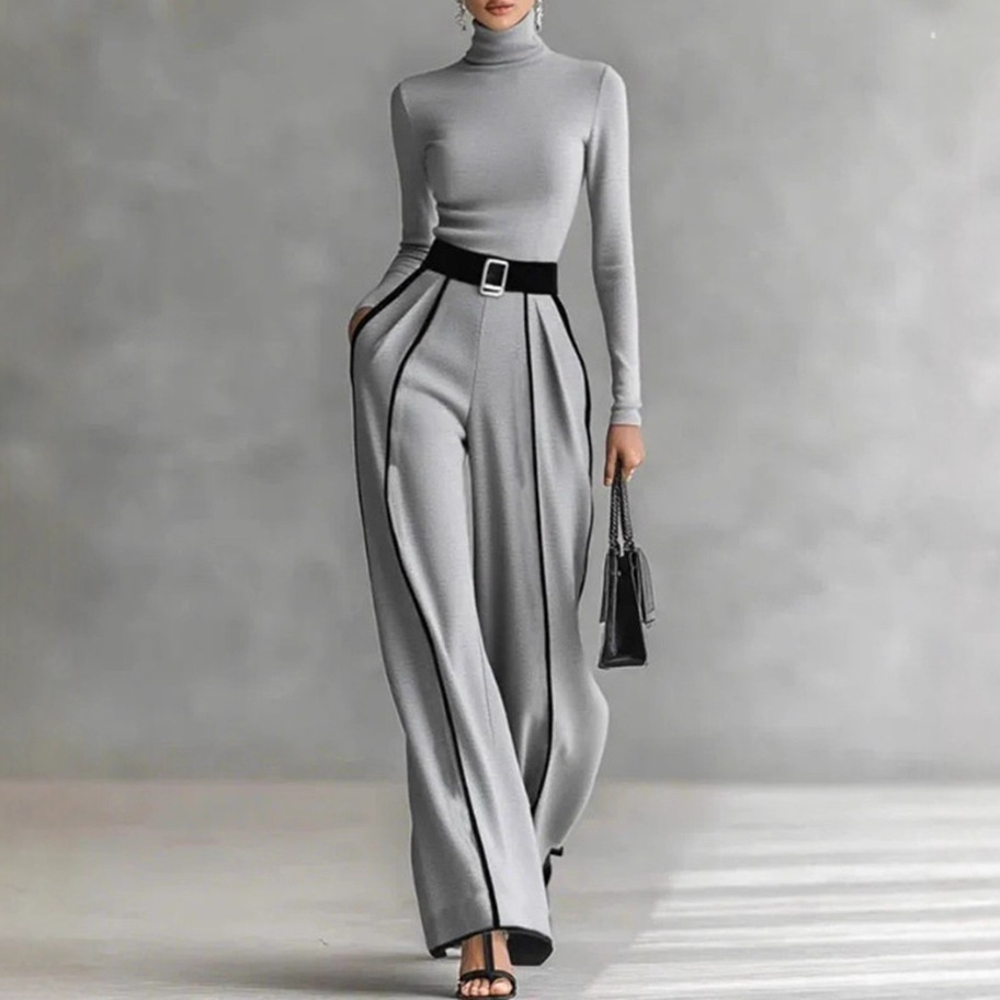 Women's Color-Block Stand-Collar Long-Sleeve Top and Wide-Leg Pants Set
