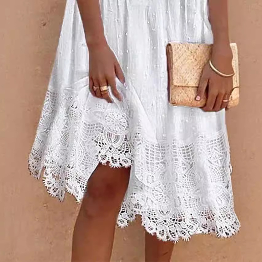Women's Lace Summer Dress with Pom-Pom Trim and Ruffle Hem