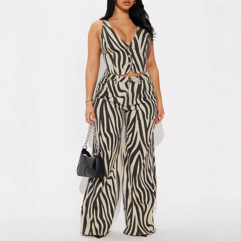 Zebra Striped Sleeveless Vest and Wide-Leg Pants Two-Piece Set