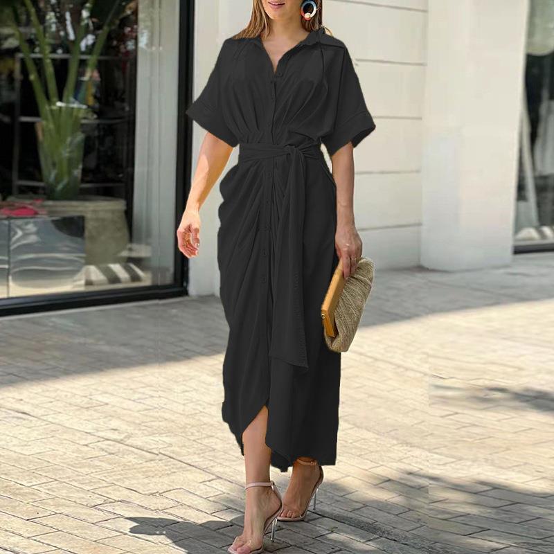 Elegant Solid Color Tie-Waist Single-Breasted Dress