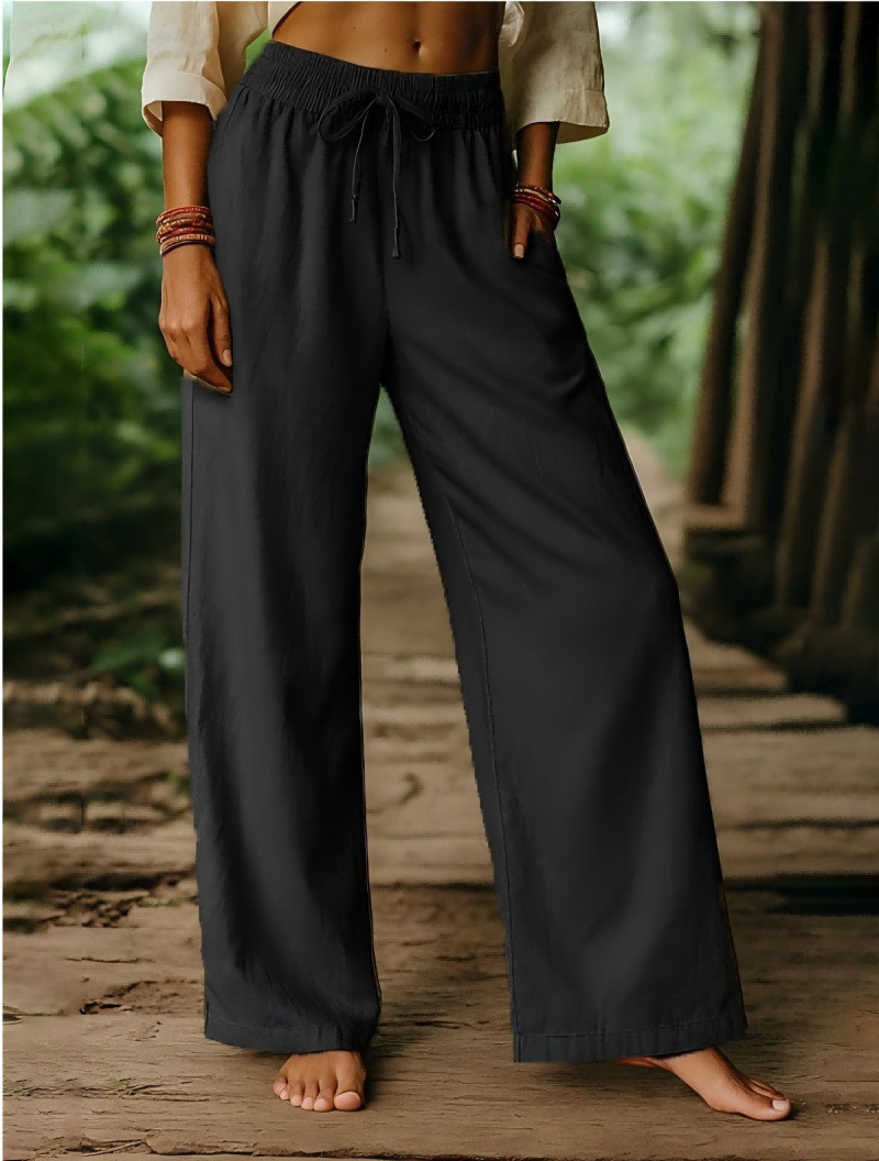 Women's Cotton-Linen Wide-Leg Pants High Waist Drawstring Casual
