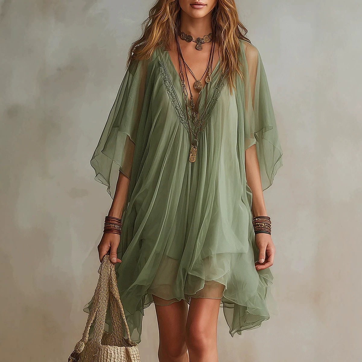 Women's V-Neck Chiffon Dress Loose Beach Cover-Up Midi