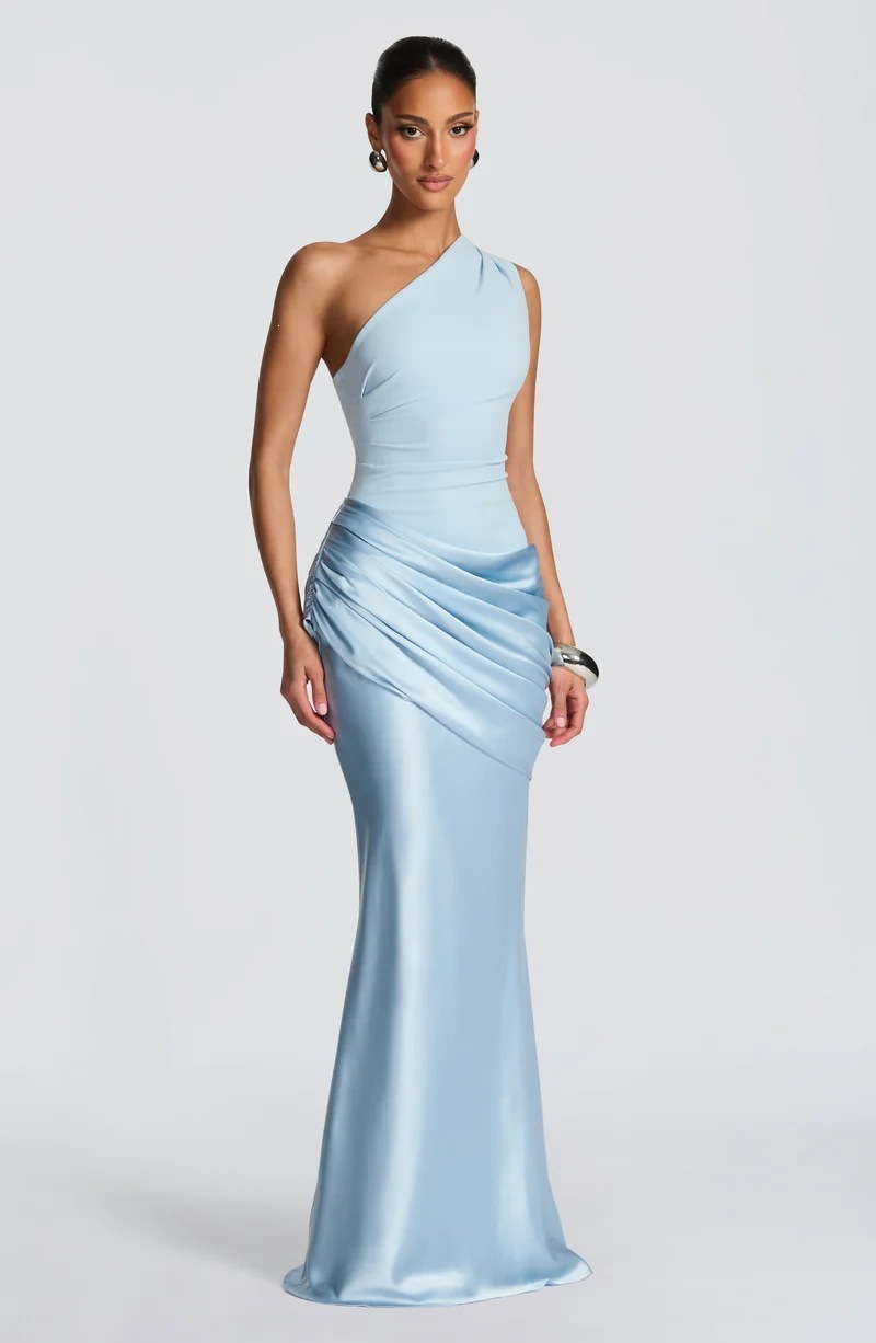 One-Shoulder Ruched Satin Bodycon Maxi Dress