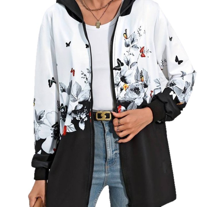 Women's Casual Printed Zip-Up Hooded Mid-Length Jacket