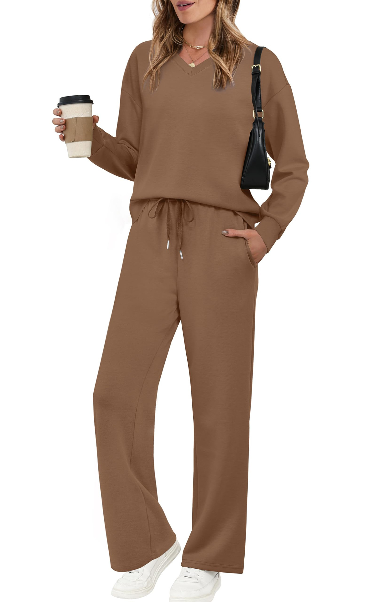 Women's Long Sleeve Drawstring Solid Color Casual Pants Set