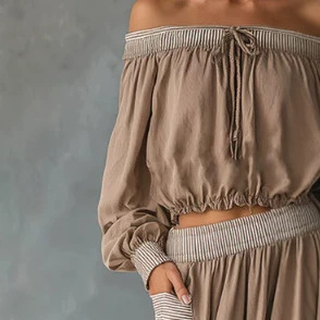 Elegant Striped-Trim Off-Shoulder Khaki Top and Skirt Set