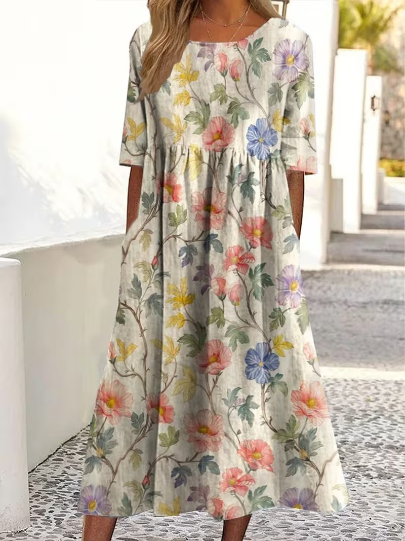 Women's Vintage Floral Print Pleated Midi Dress
