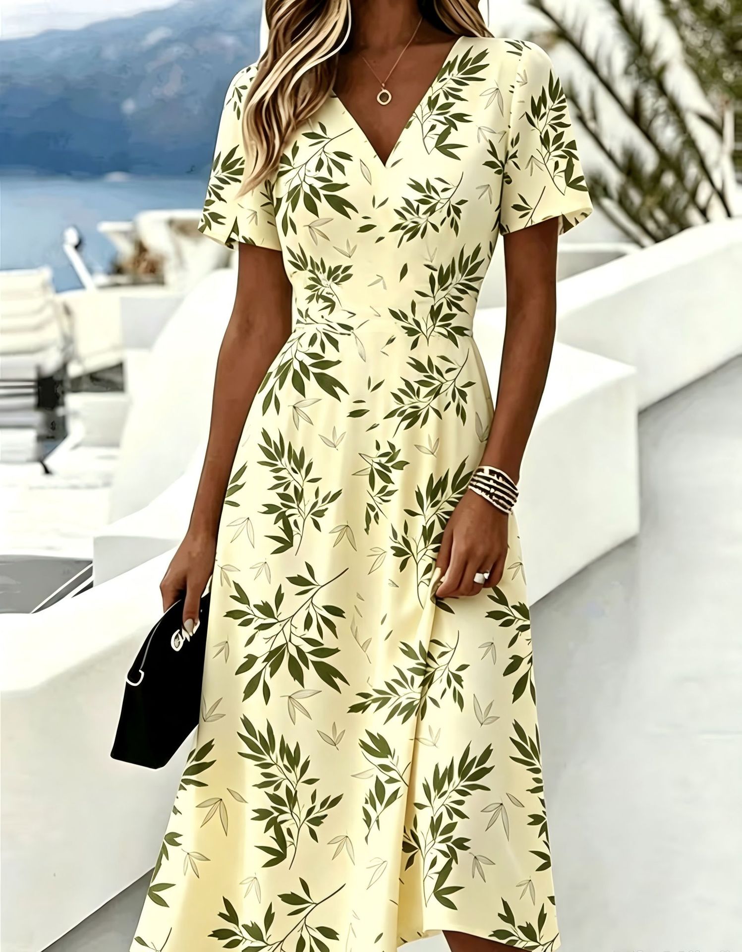 Women's Floral Leaf Print Casual Midi Dress with Deep V-Neck and Short Sleeves