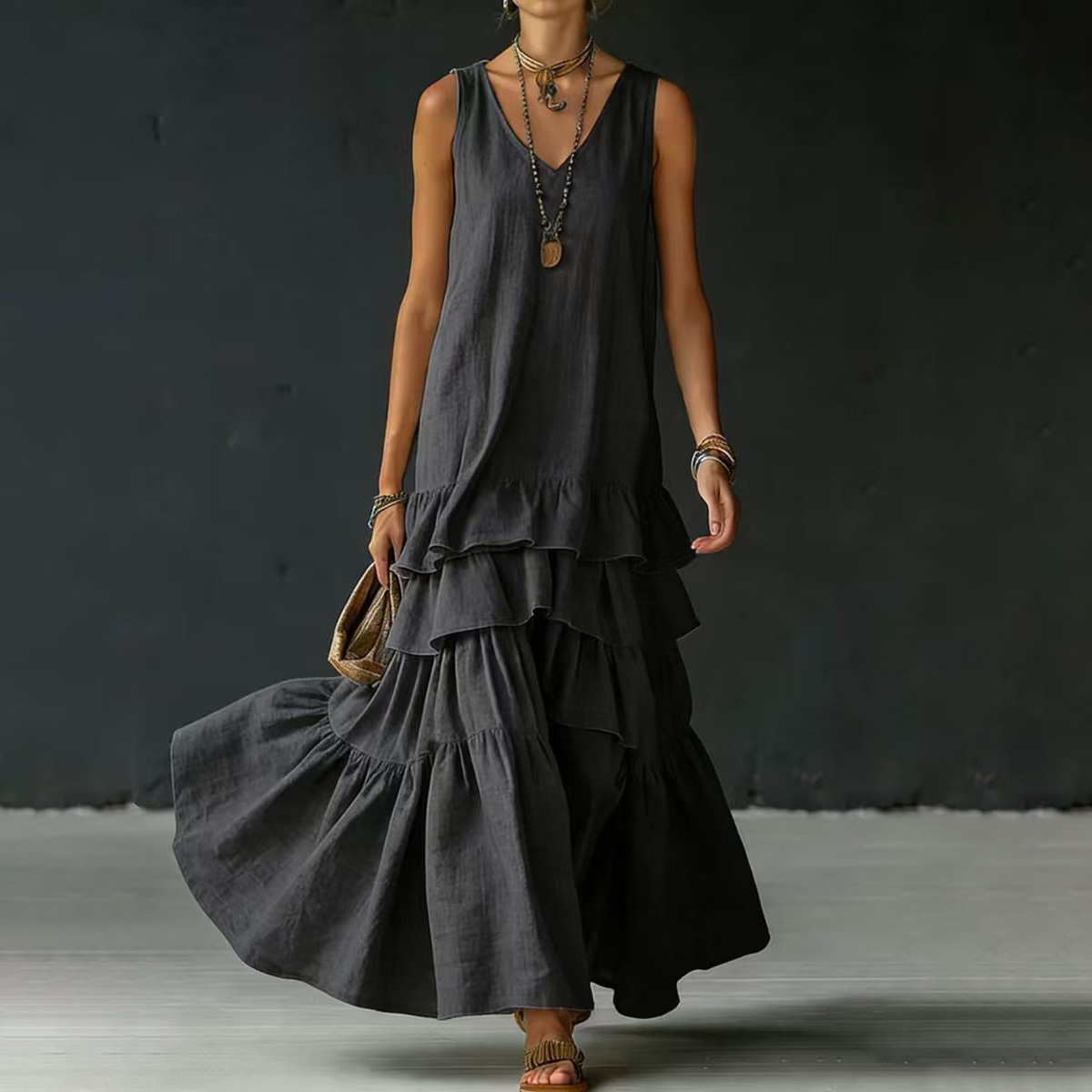 Women's Summer Beach Vacation Dress Solid Color Tiered Maxi Dress