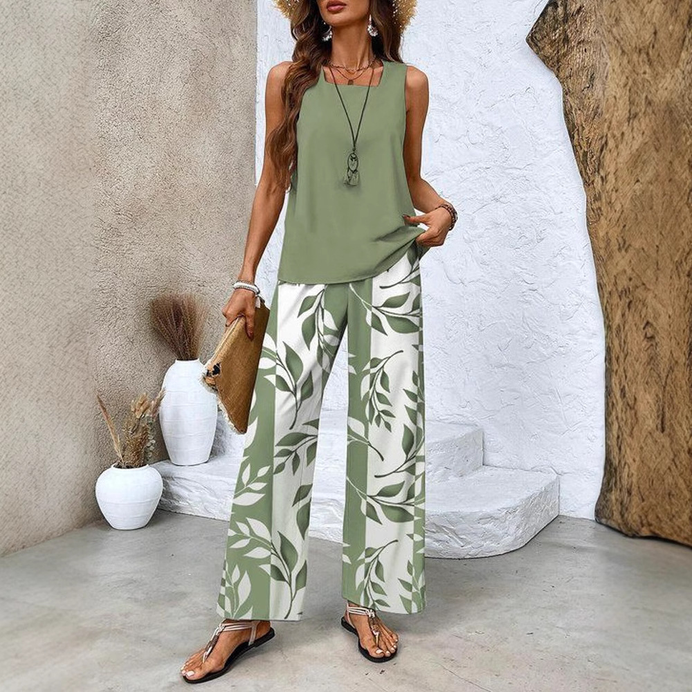 Women's Square Neck Sleeveless Top and Pants Set with Digital Floral Print
