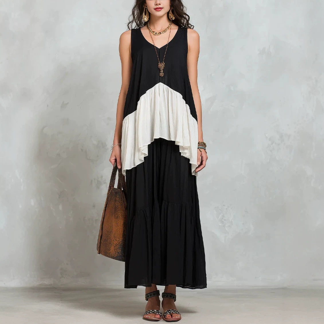 Retro Color-Block V-Neck Sleeveless Top and Flared Maxi Skirt Two-Piece Set