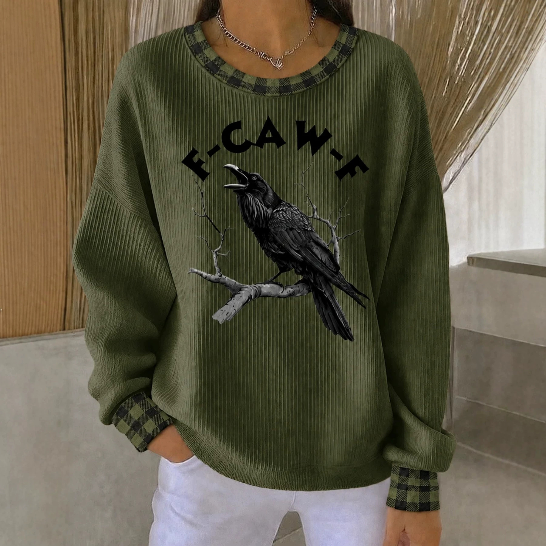 Crow Plaid Print Raw Edge Crewneck Long Sleeve Pullover Sweatshirt