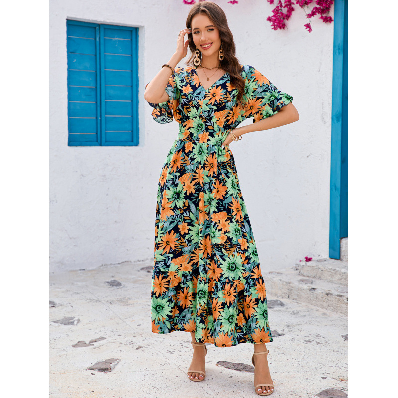 Boho Floral Print V-Neck Batwing Sleeve Ruffle Tiered Maxi Dress