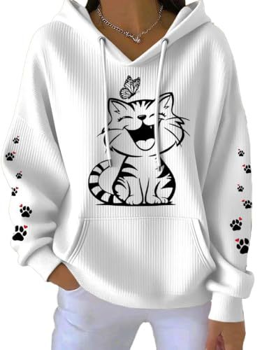 Women's Cat Paw Print Hoodie Long Sleeve Crewneck Pullover