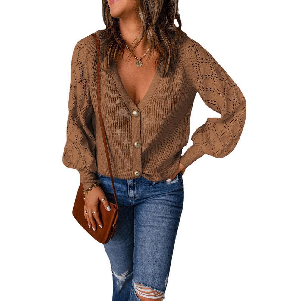 Women's Solid Quilted Puff Sleeve Knit Cardigan Loose Single-Breasted Open-Front Sweater