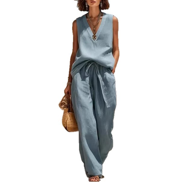 Women's Sleeveless Linen-Blend Tank Top and Wide-Leg Pants Set