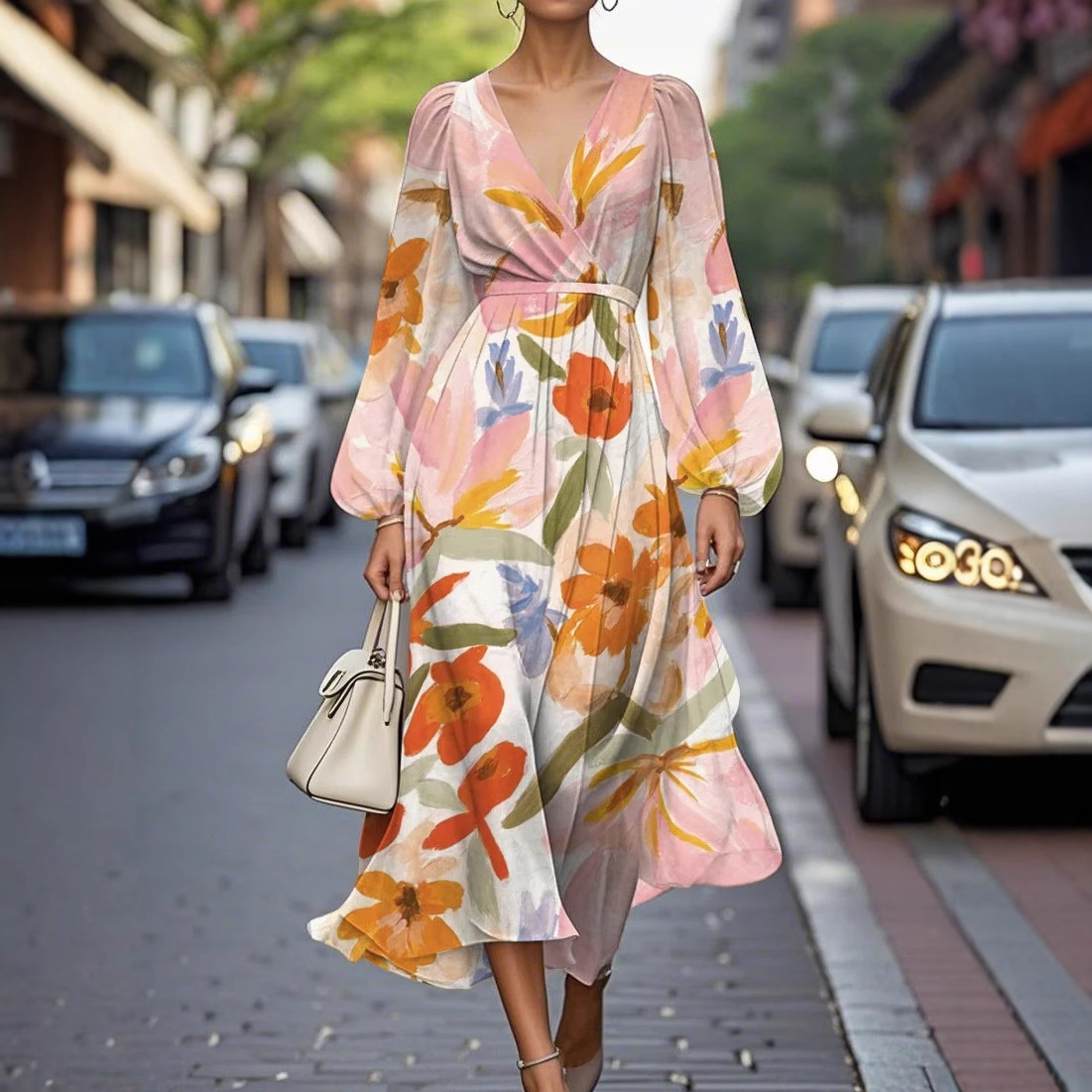 V-Neck Long Sleeve Digital Print Waist-Cinching Long Dress