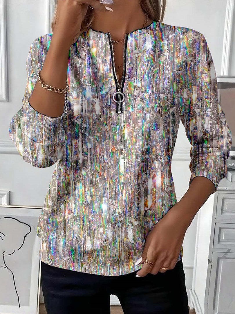 Women's Boho Print Long Sleeve Zip-Up Sweatshirt Casual Top
