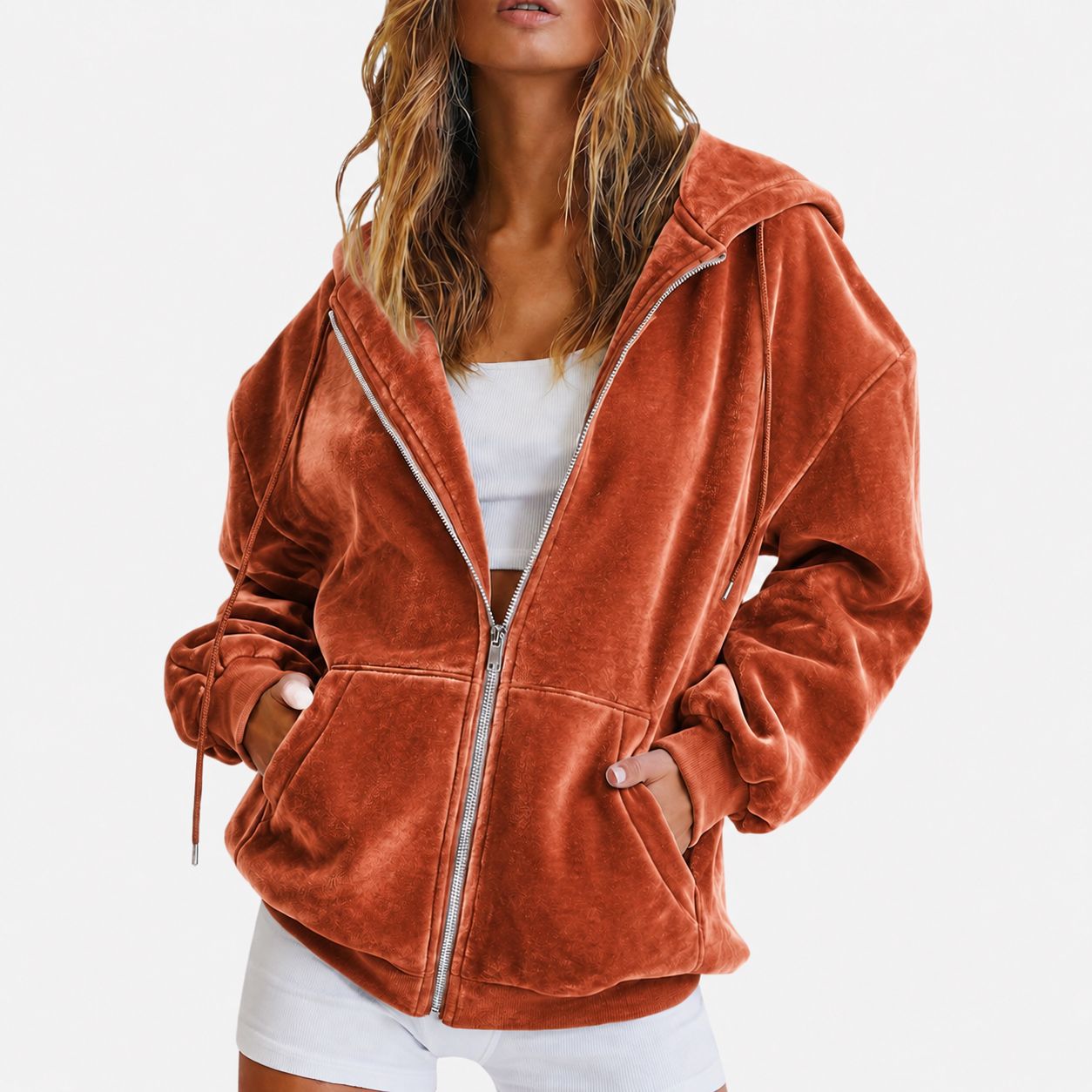 Velvet Zip-Up Hoodie Loose Fit Casual Jacket