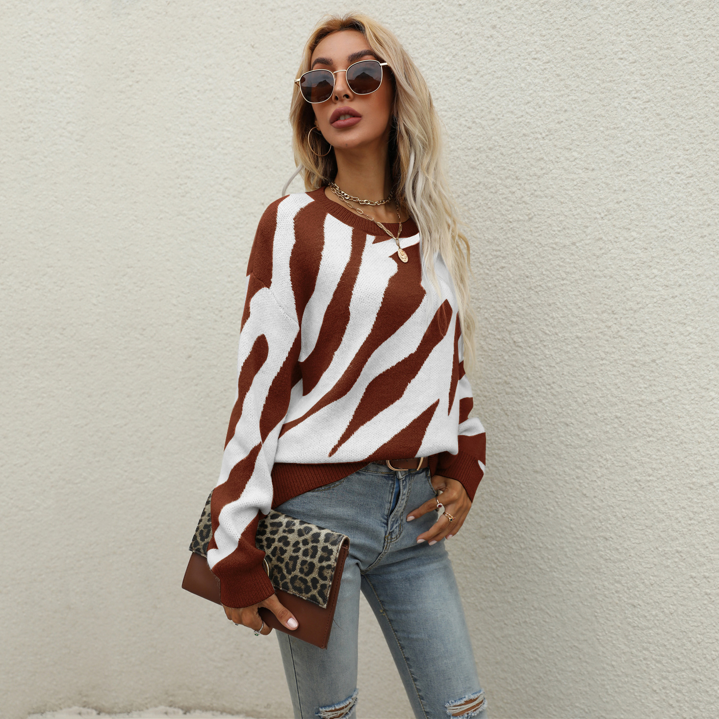 Striped Knit Pullover Sweater with Round Neck, Plus Size