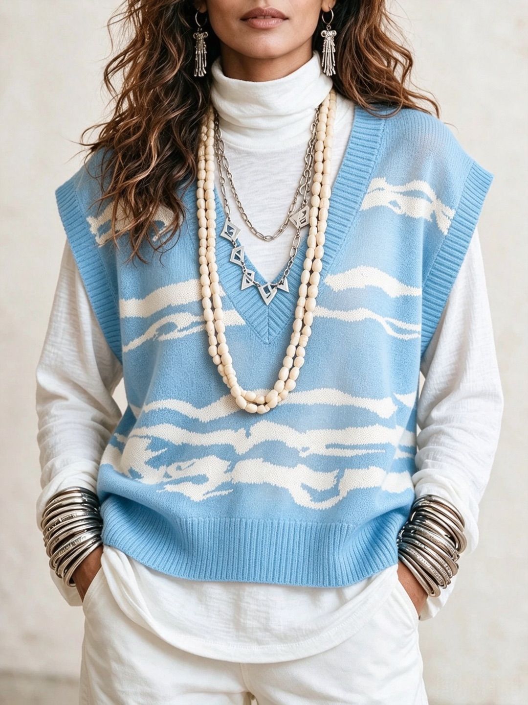 V-Neck Wavy Knit Sweater Vest Sleeveless Pullover