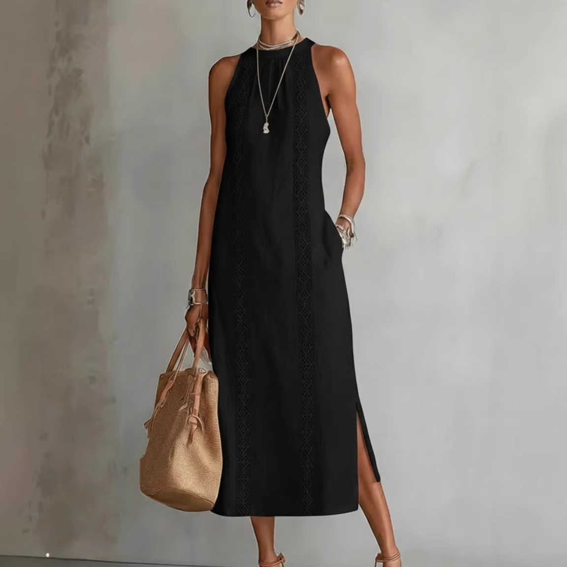 Women's Halter Neck Sleeveless Lace Panel Solid Color Dress