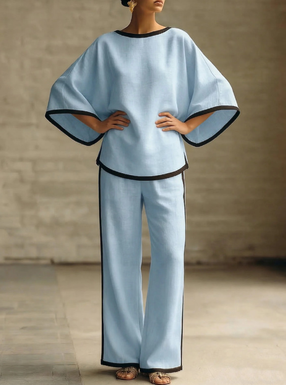 Women's Elegant Round Neck Batwing Sleeve Cotton-Linen Two-Piece Set