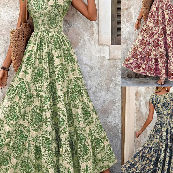 Vintage Geometric Print V-Neck Short Sleeve A-Line Maxi Dress