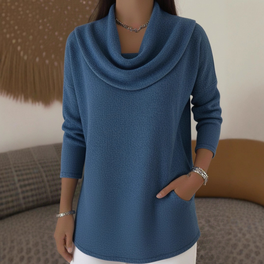 Solid Color Cowl Neck Long Sleeve Pullover with Pockets