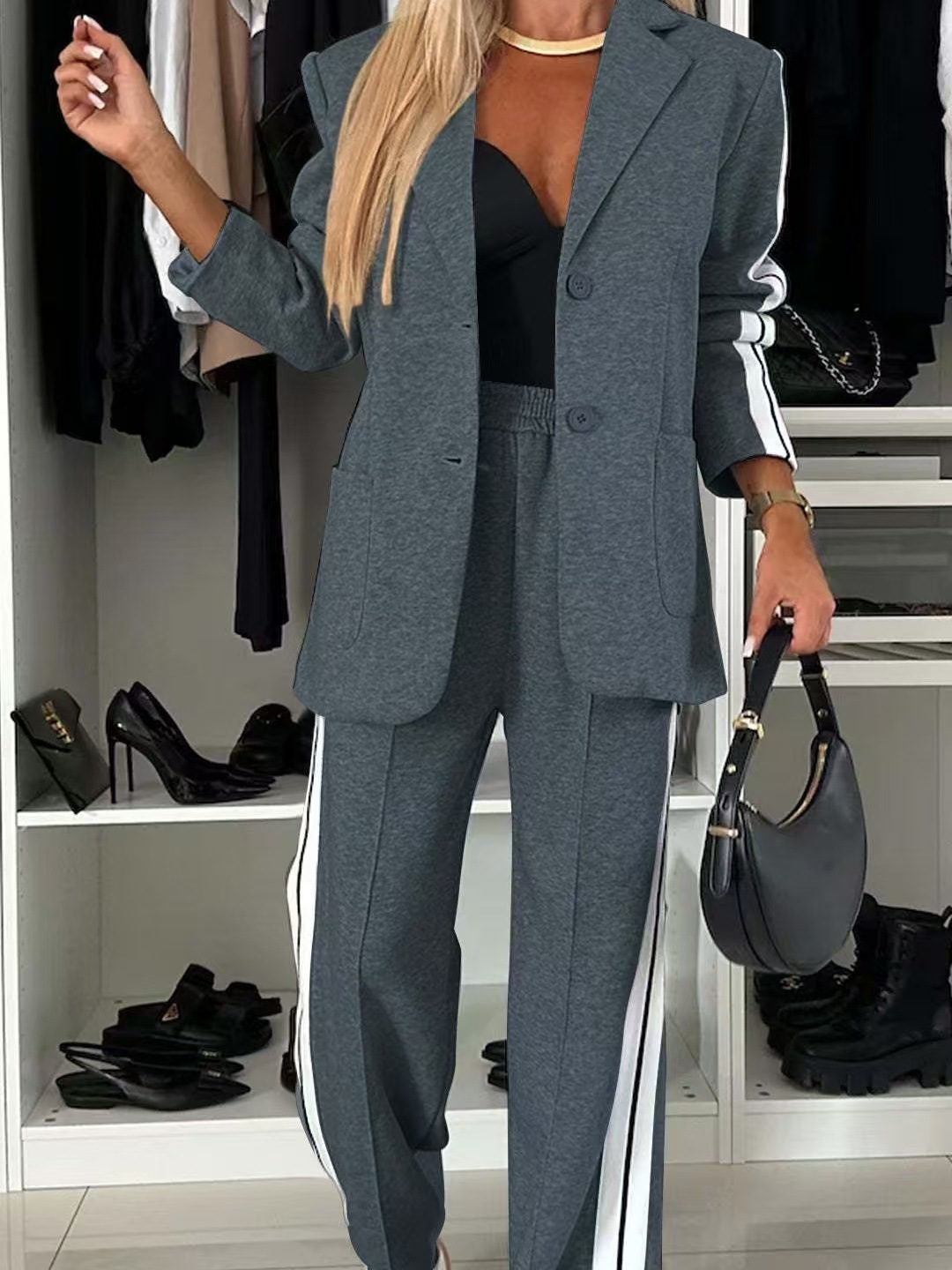Women's Long Sleeve Lapel Collar Casual Blazer Set