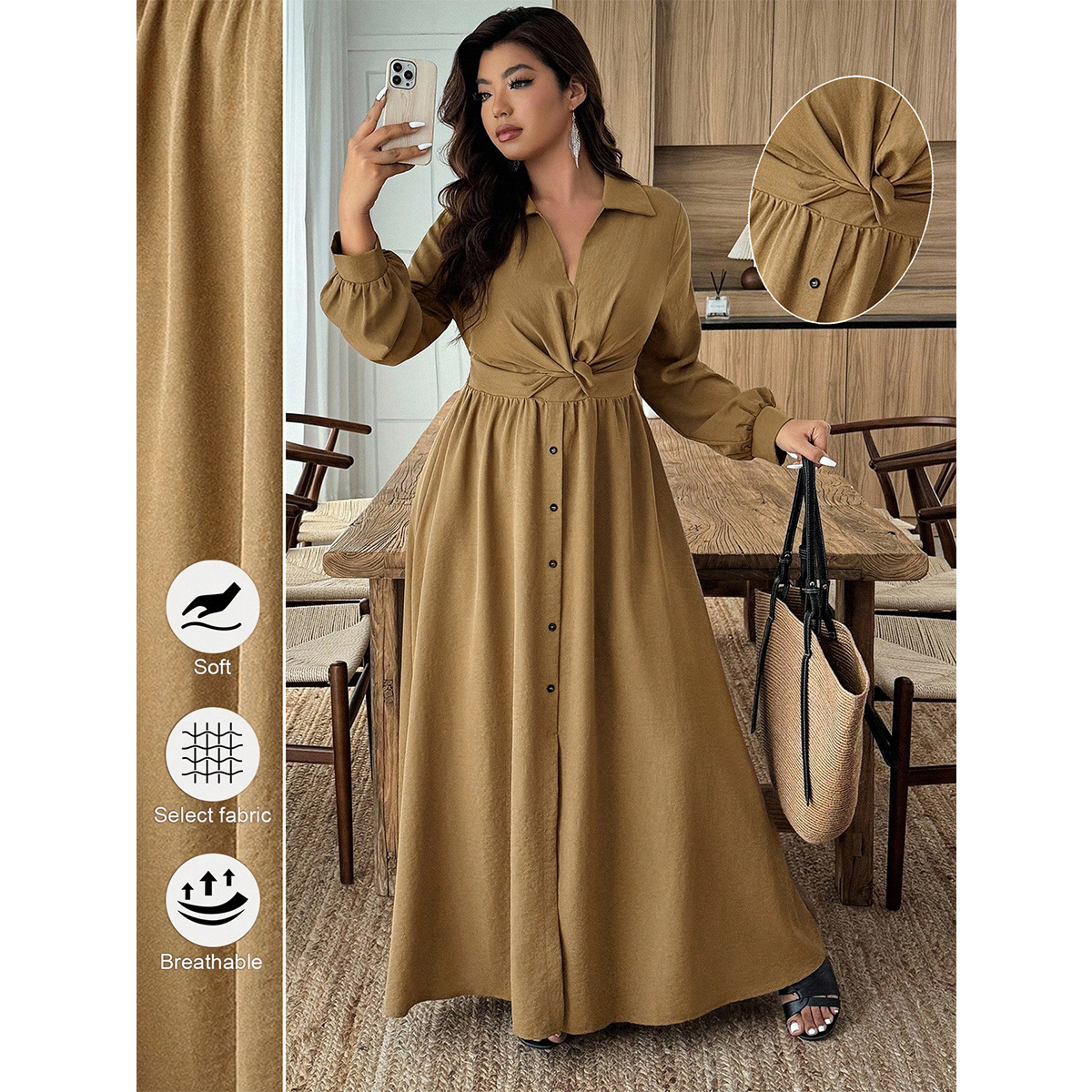 V-Neck Twist High-Waist Long Shirt Dress with Lantern Sleeves