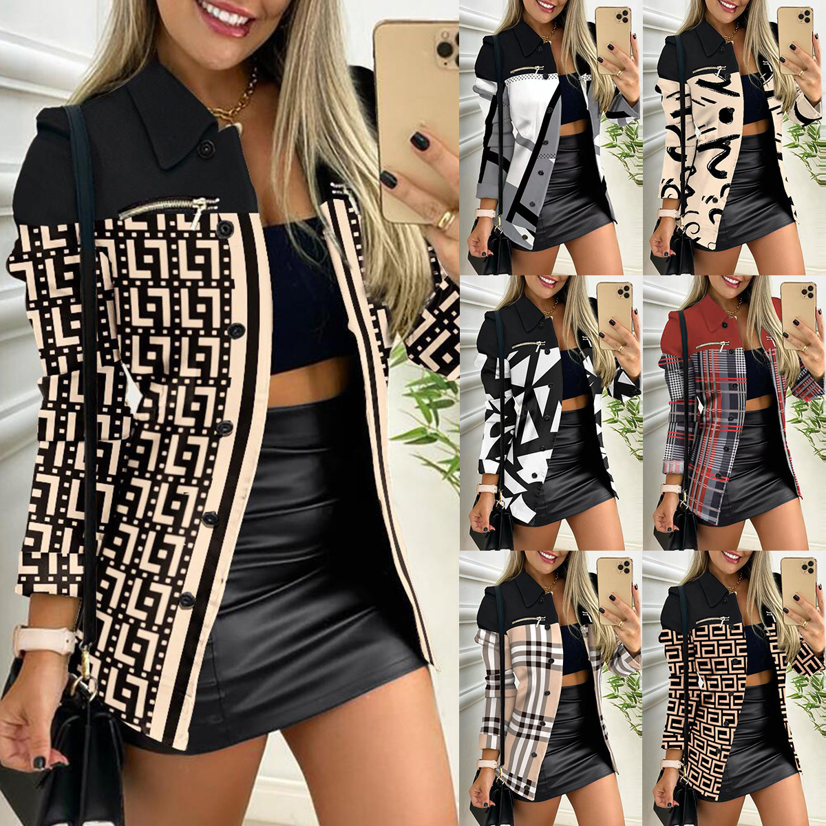 Women's Colorblock Print Zip-Up Collared Jacket