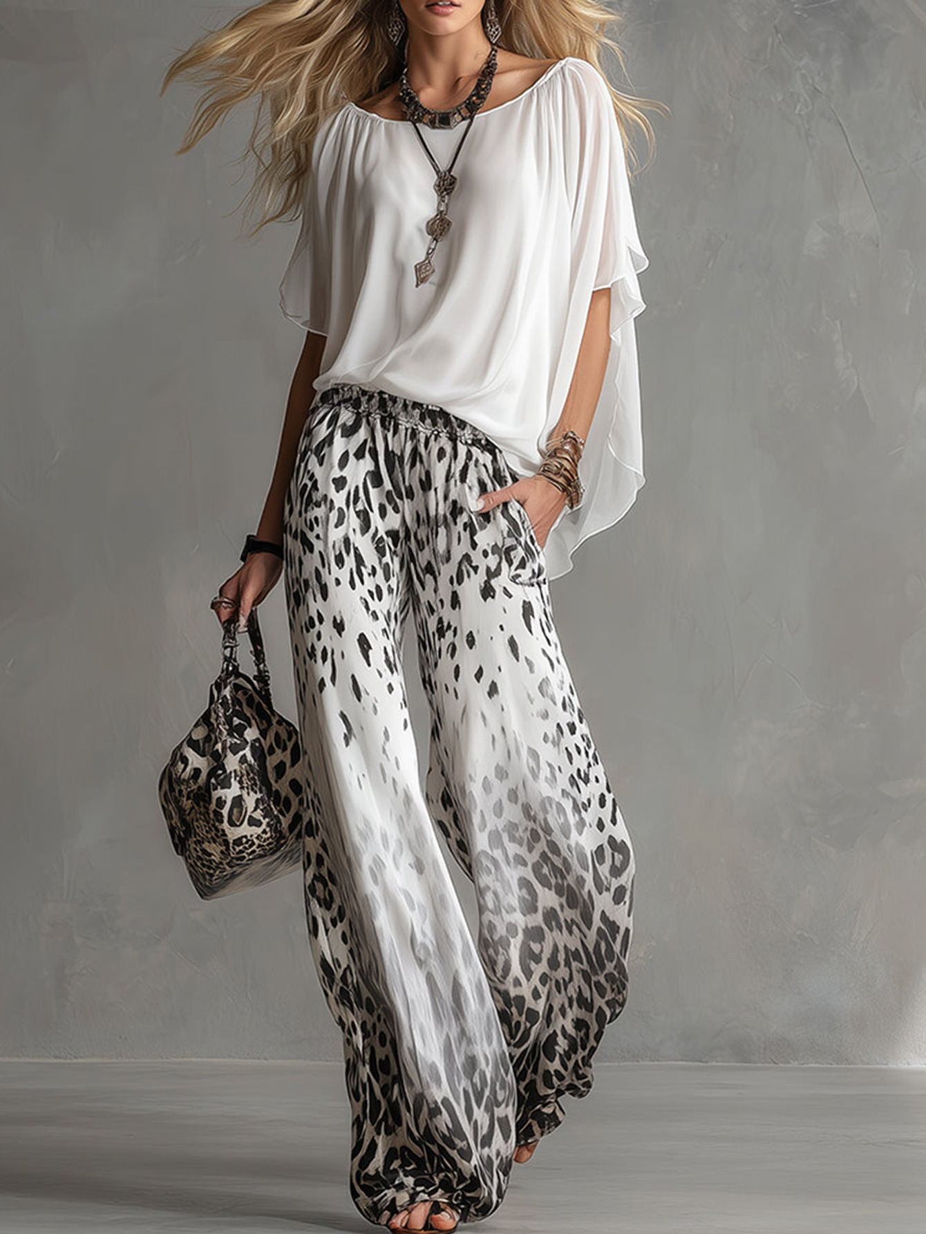 Women's Lightweight Short Sleeve Leopard Print Wide Leg Pants Set Casual