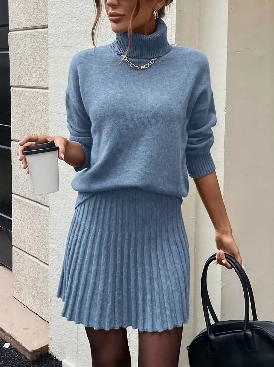 Women's Casual Knit Turtleneck Long Sleeve Top and Mini Skirt Two-Piece Set