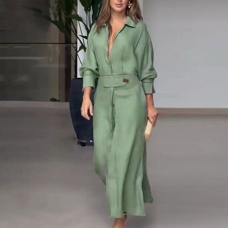 Women's Solid Tie-Waist Long Shirt Dress Commuter