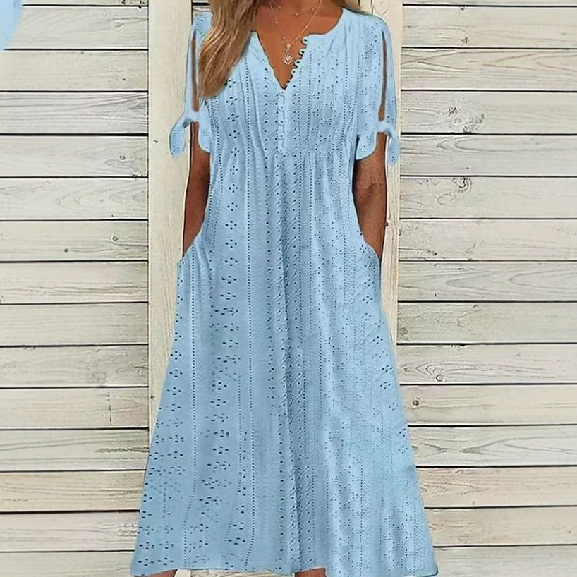Women's Casual Loose High Waist Embroidered Solid Color Dress