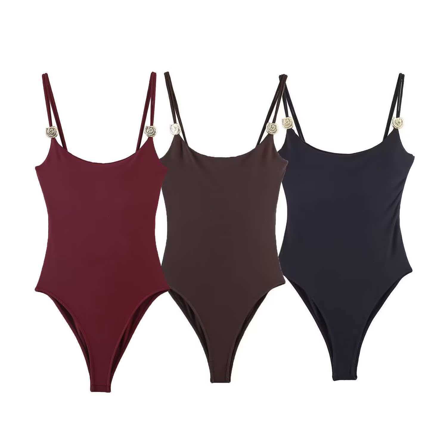 Women's Sexy Metal Floral Double Spaghetti Strap Bodysuit