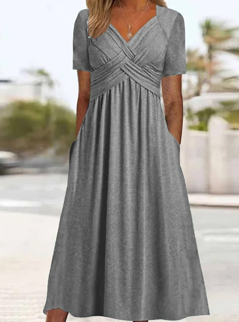 Solid V-Neck Short Sleeve Maxi Dress